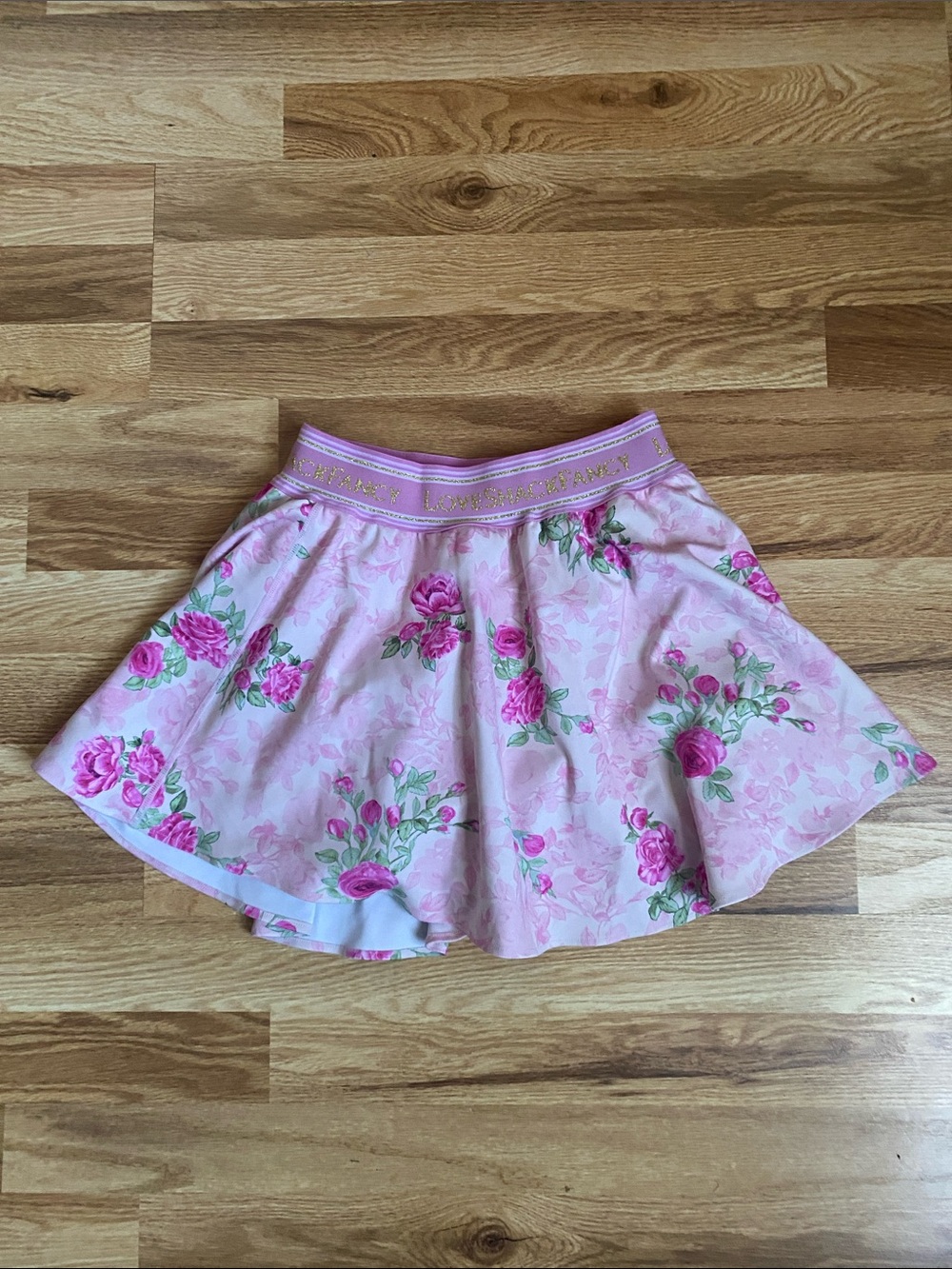 LoveShackFancy Pink Floral Circle Skirt with Gold Waistband